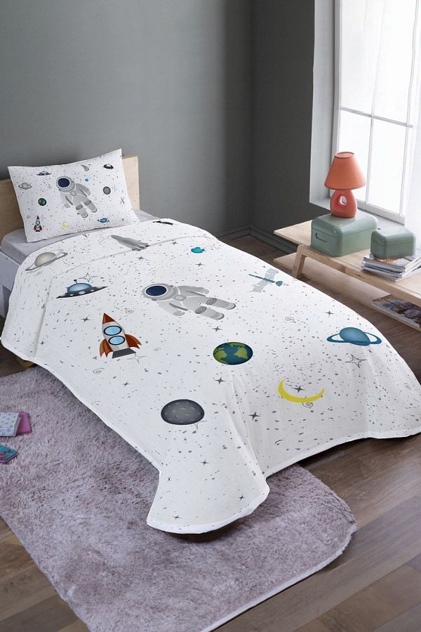 EVPANYA-White Space and Little Astonaut Patterned Single Pique Set and Bedspread 1