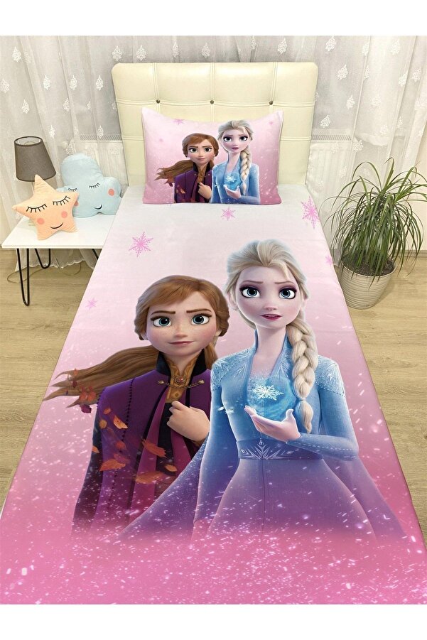 Evpanya Pembe Elsa Anna Desenli Yatak Örtüsü Ve Yastık Kılıfı