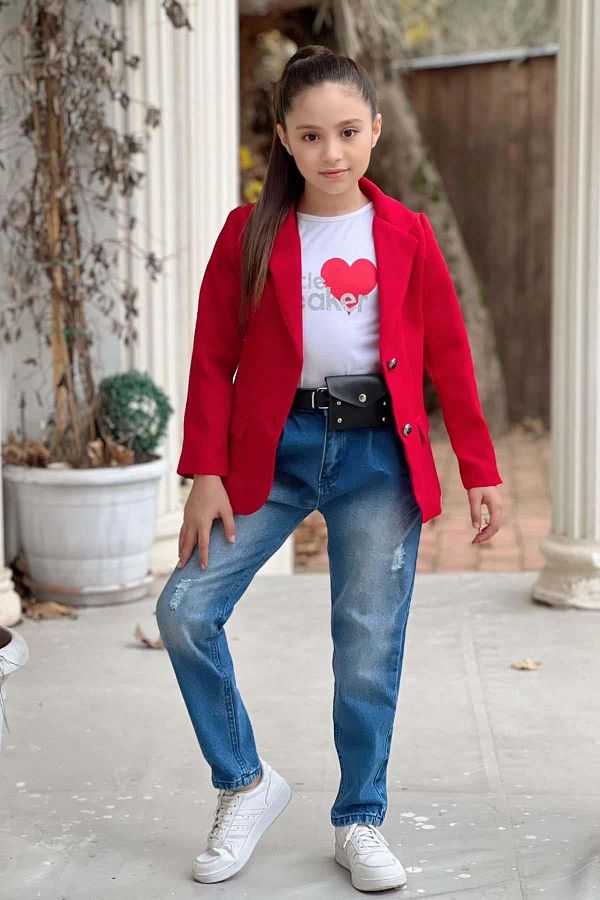 Riccotarz Girl s Heart and Little Printed T shirt and Jean Red Blazer Jacket Top and Bottom Set Trendyol