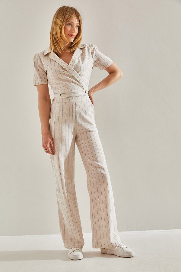 Bianco Lucci-Double-breasted Collar and Button Detailed Palazzo Trousers Set - Elastic Back60251040 1