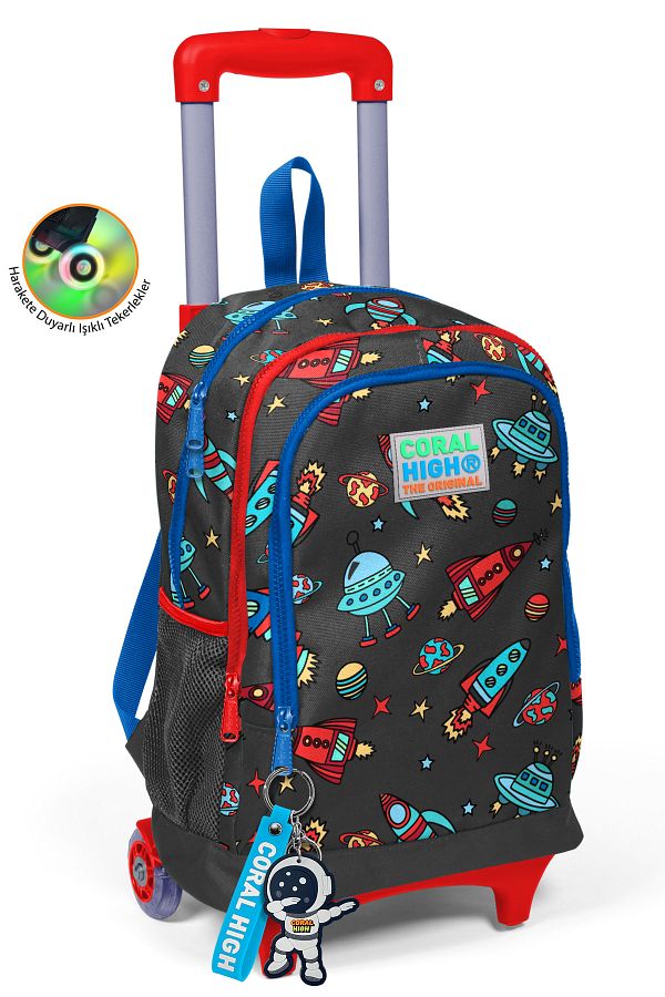 Coral High-Kids Dark Gray Red Space Patterned Three Compartment School Backpack with Squeegee 23375 1