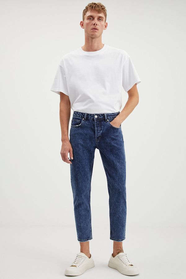 GRIMELANGE-Gilberto Męskie Jeansy Carrot Fit Carrot Leg Zniszczone Sprane Grube Teksturowane Niebieskie Dżinsy Denim 1