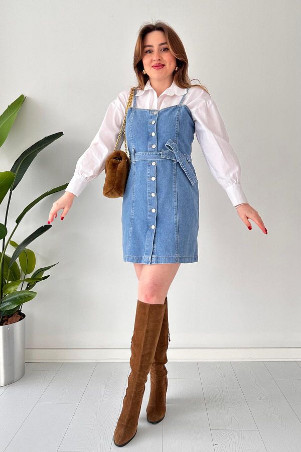 MaziButik Thin Strap Denim Dress Blue Trendyol