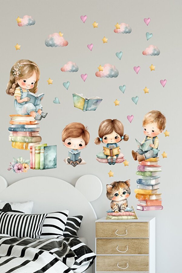 Kt Grup Kitap Okuyan Çocuklar Pastel Renk Çocuk Odası Dekoratif Duvar Sticker Seti