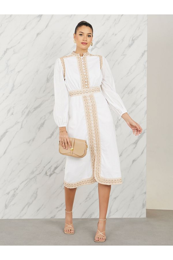 Styli-Embroidered Lace Button Loop Closure Midi Dress 1