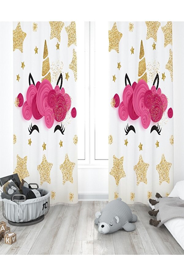 Evpanya Altın Yıldız Unicorn Taçı Desenli Çocuk Odası Perdesi ( Tek Kanat Fiyatlandırma )