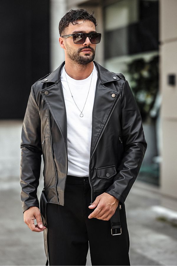 Black belted leather jacket hotsell