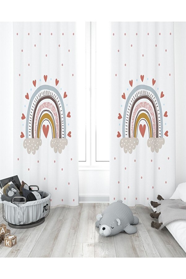 Evpanya Kalpli Gökkuşağı Desenli Çocuk Odası Fon Perde ( Tek Kanat Fiyatlandırma )