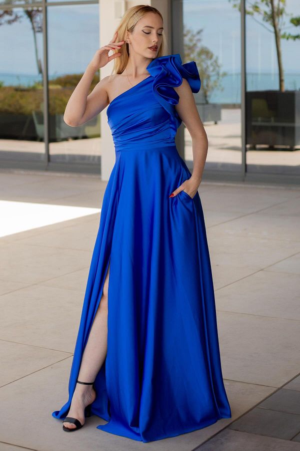 SpringStore One Shoulder Flounce Saks Evening Dress Trendyol