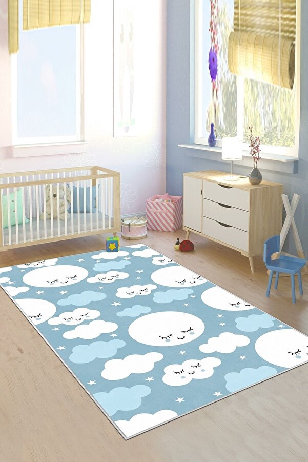 West Home Makinede Yıkanabilir Kaymaz Taban Leke Tutmaz Yıldız Desenli Bebek Ve Çocuk Halısı Oyun Matı