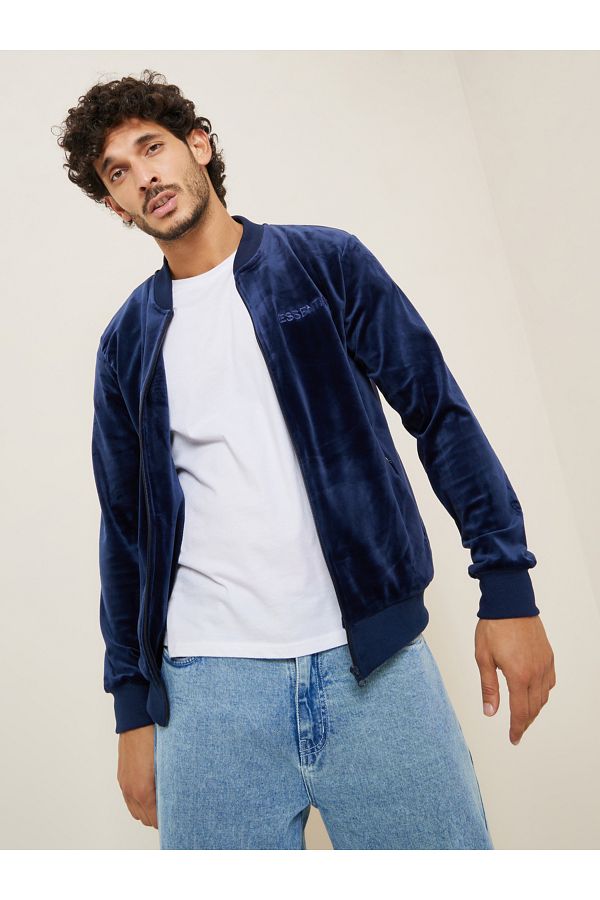 Styli Baseball Collar Velour Bomber Jacket with Embroidered Detail Trendyol