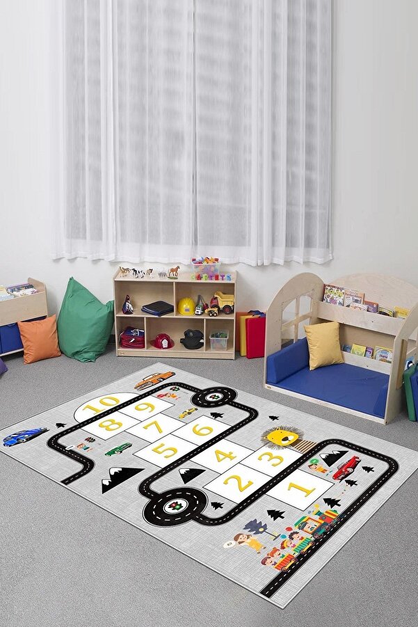 Confidence Home Makinede Yıkanabilir Kaymaz Taban Leke Tutmaz Eğitici Yol Desenli Bebek Ve Çocuk Halısı Oyun Matı
