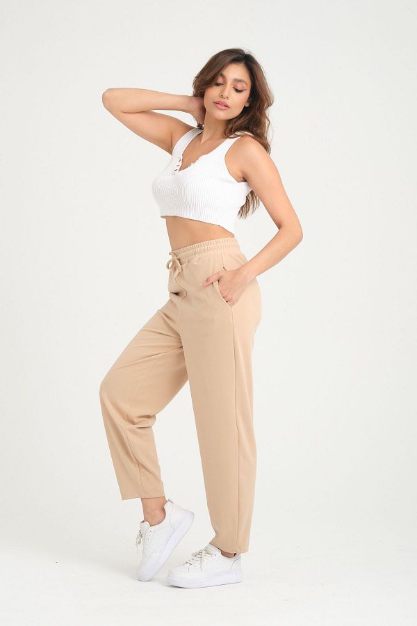 ESPİNA-Pantaloni de scuba tricotați largi din țesătură elastică, morcov, Shalwar Ecru 1
