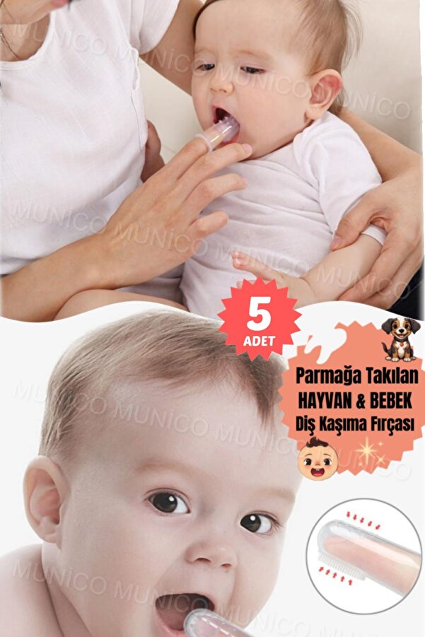 Munico 5 Adet Silikon Bebek Parmak Fırçası Bebek ve Bebekler İçin Hijyenik Diş Temizleyici Evcil Hayvanlara