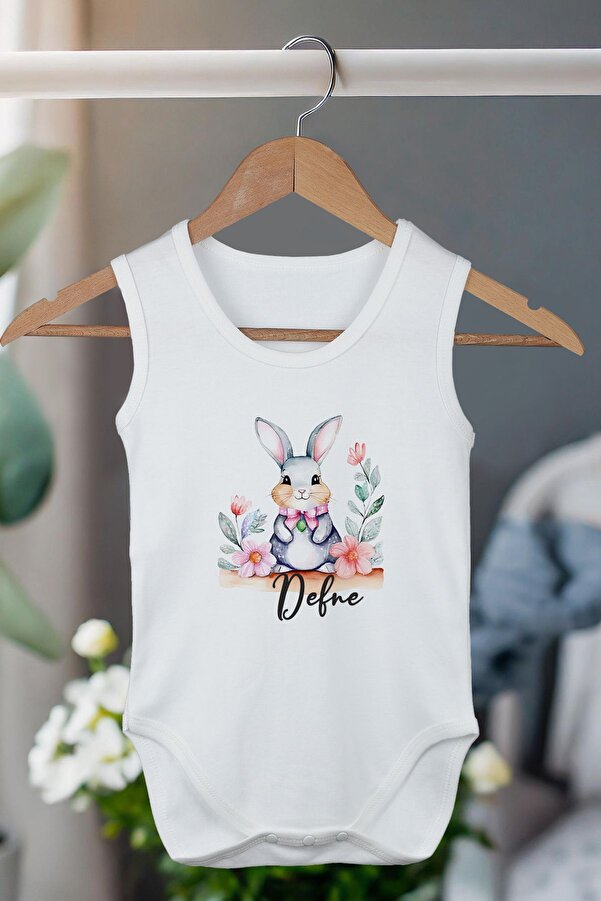 Homamia %100 Organik Pamuk Kişiye Özel Beyaz Atlet Bebek Body Zıbın Sevimli Tavşan