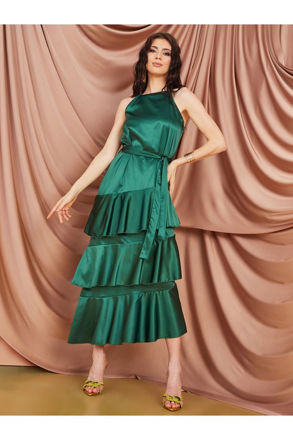Styli Satin Strappy Layered Maxi Dress Trendyol