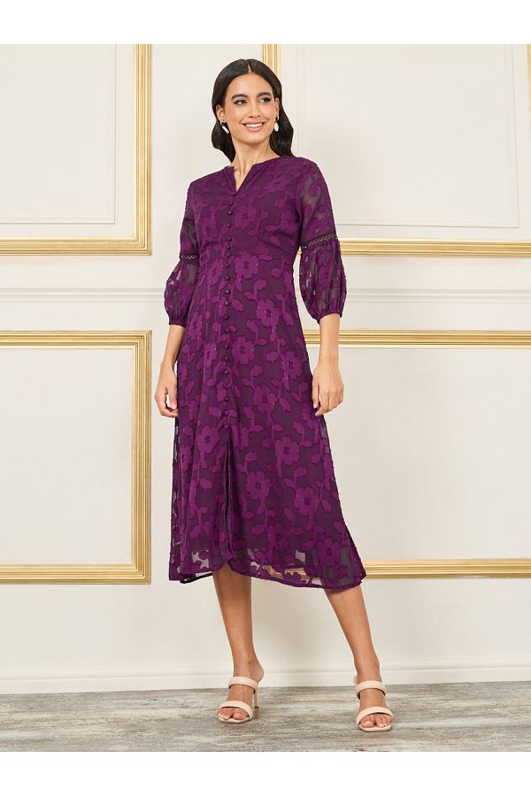 Styli Burnout Texture Lace Ladder Button Detail Midi Dress Trendyol