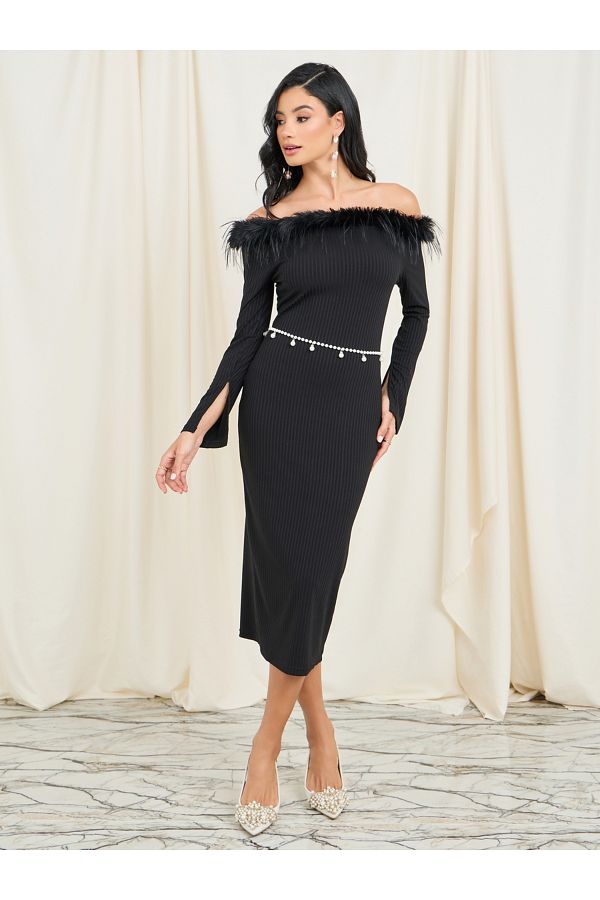 Styli Faux Fur Off Shoulder Bodycon Dress with Embellished Belt Trendyol