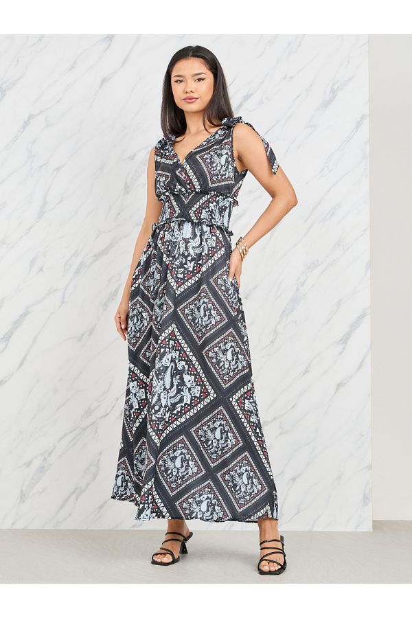 Styli Scarf Print Smocked Waist Tie Sleeves A Line Maxi Dress Trendyol