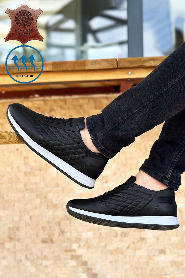 BIG KING Men s Sports Shoes Black and White Quilted Genuine Leather Trendyol