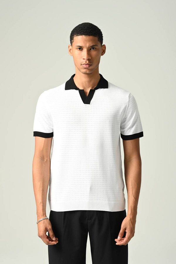 İLKCET MODA-Tricou Slim Fit pentru bărbați - Guler cu model și perforat 1