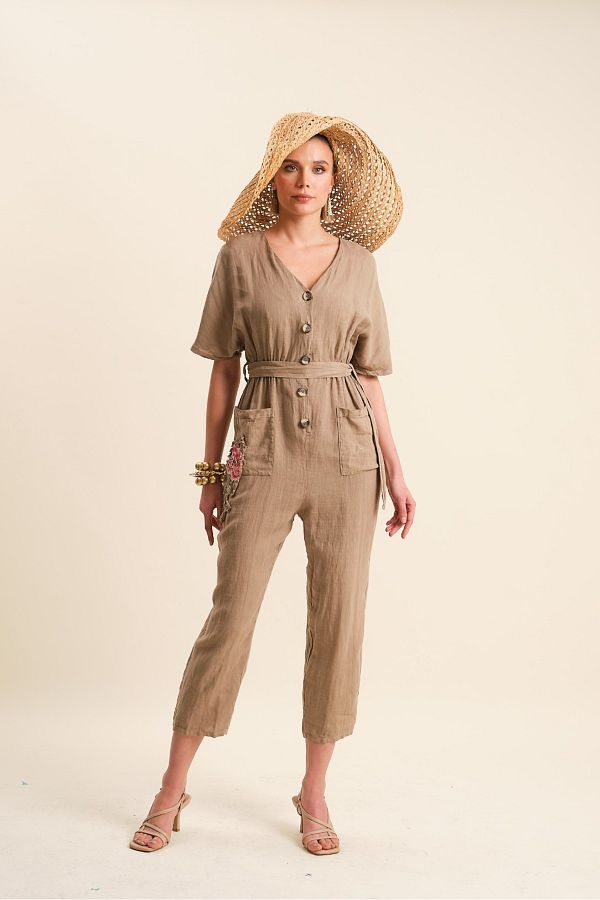 VERDA-Linen Jumpsuit - Embroidered Detailed and Belted Belt 1