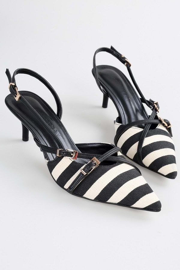 Shoeberry-Czarne lniane szpilki w paski – damskie buty na obcasie 1