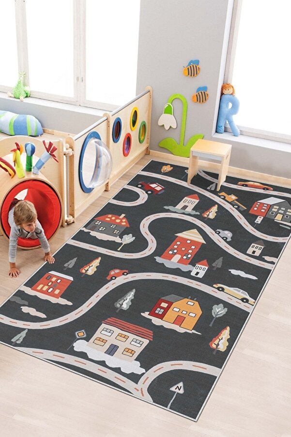 West Home Makinede Yıkanabilir Kaymaz Taban Leke Tutmaz Yol Desenli Halı Bebek Ve Çocuk Halısı Oyun Matı