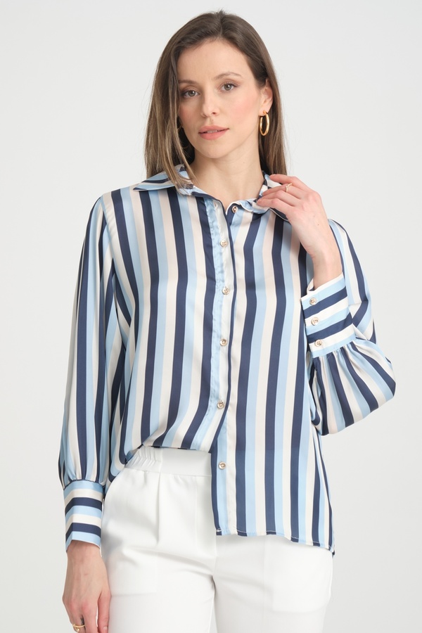 MD trend Women's Balloon Sleeve Gather Detailed Oversize Striped Satin Shirt