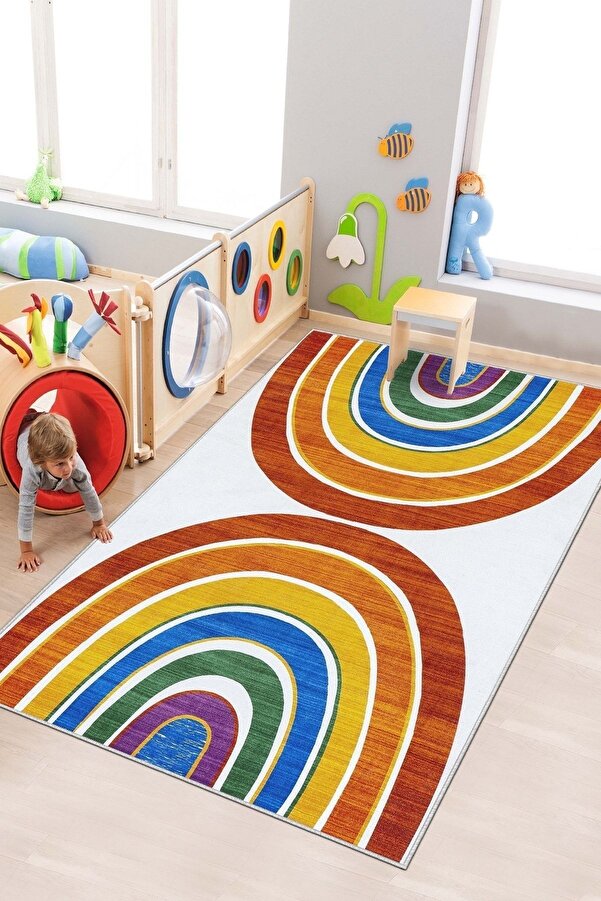 West Home Makinede Yıkanabilir Kaymaz Taban Leke Tutmaz Renkli Bebek Ve Çocuk Halısı