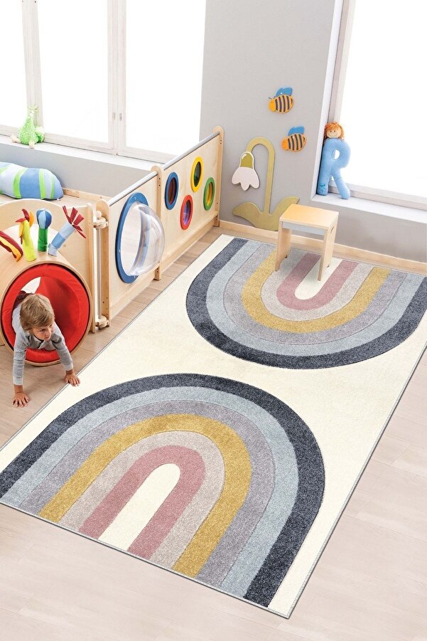 West Home Makinede Yıkanabilir Kaymaz Taban Leke Tutmaz Renkli Bebek Ve Çocuk Halısı