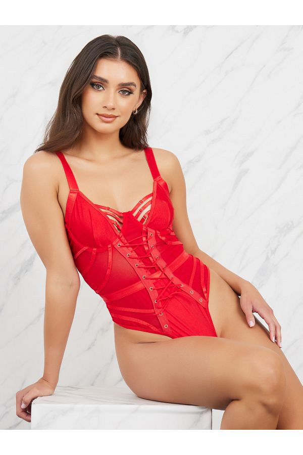 Styli-Multi Strap Detail Mesh Insert Lace Up Corset Bodysuit 1