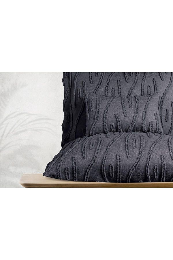 Butikhome by Egemar-Astor Anthracite Gray Tassel Patterned Bedspread Set - Chenille Embossed, Simple and Modern 4Pc 1