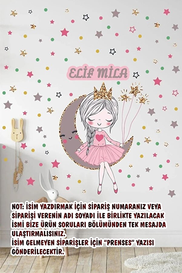 Kt Grup Isme Özel Ayda Oturan Sevimli Kız Ve 150 Adet Yıldız Ve Puantiyeler Çocuk Odası Duvar Sticker Seti
