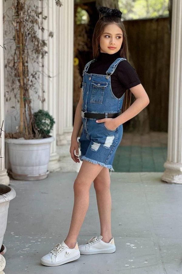 Riccotarz Girl s Jeans Shorts Jumpsuit with Turtleneck and Pocket Detail Trendyol