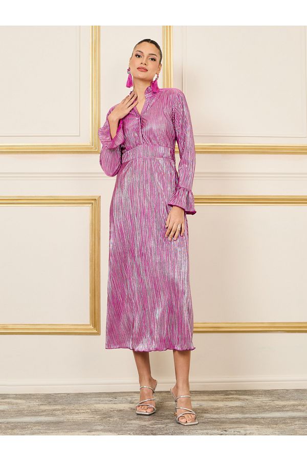 Styli-Plisse Ruffle Trim Notch Neck A-Line Midi Dress 1