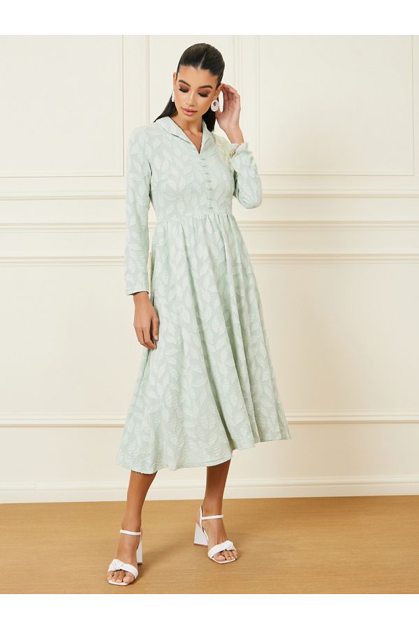 Styli-Burnout Texture Button Detail A-Line Midi Dress 1