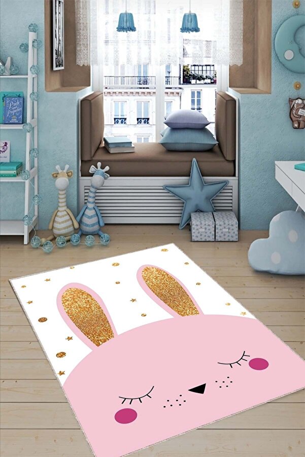 RugViva Kaymaz Tabanlı Makinede Yıkanabilir Tavşanlı Bebek Halısı Ar826
