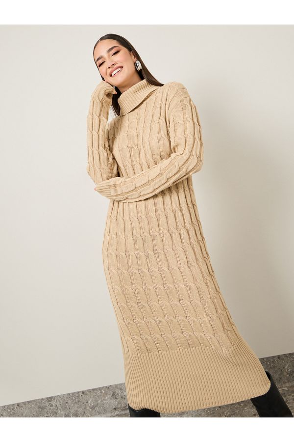 Styli Turtle Neck Chunky Knit Sweater Midi Dress Trendyol