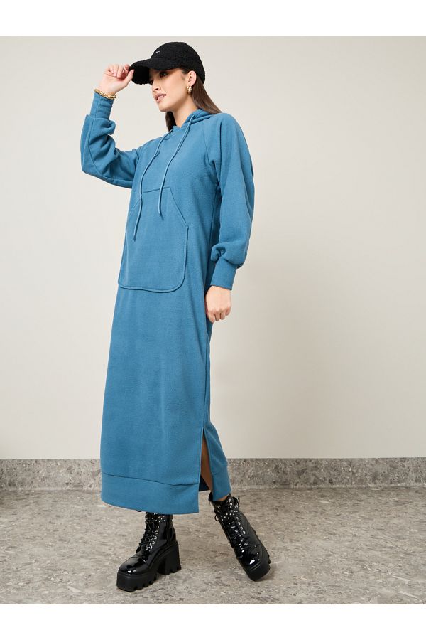 Styli Solid Hooded Sweatshirt Maxi Dress Trendyol