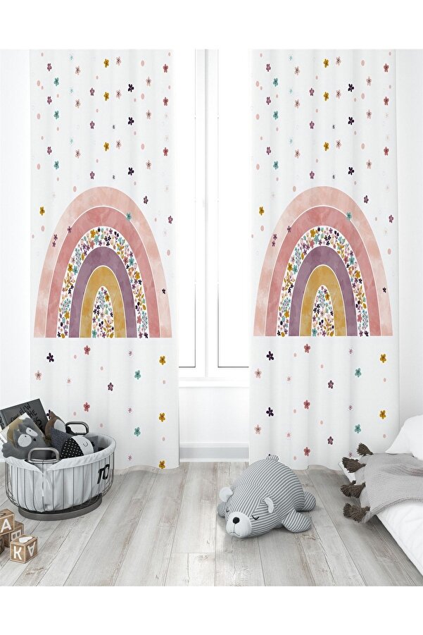 Evpanya Çiçekli Gökkuşağı Desenli Çocuk Odası Fon Perde Tek Kanat Fiyatlandırma