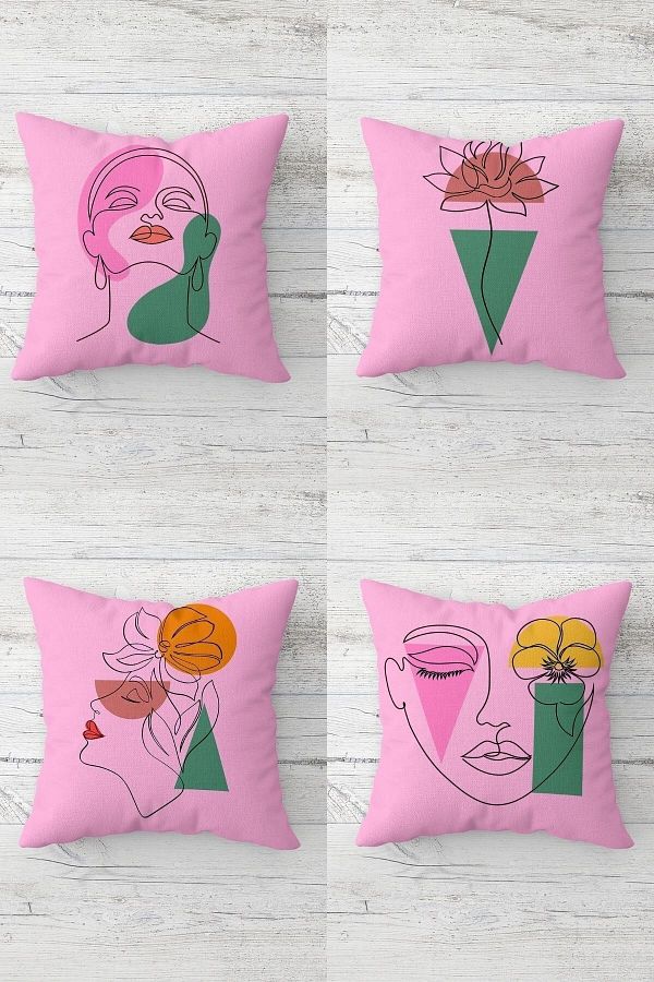 on the clouds-4 Pieces Line Art Face and Floral Patterned Hidden Zippered Throw Pillow Cover Set - Sofa and Pillow Set 1