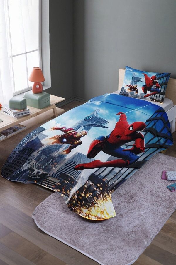 EVPANYA-Spiderman and Iron Man Patterned Single Bedspread and Pique Set 1