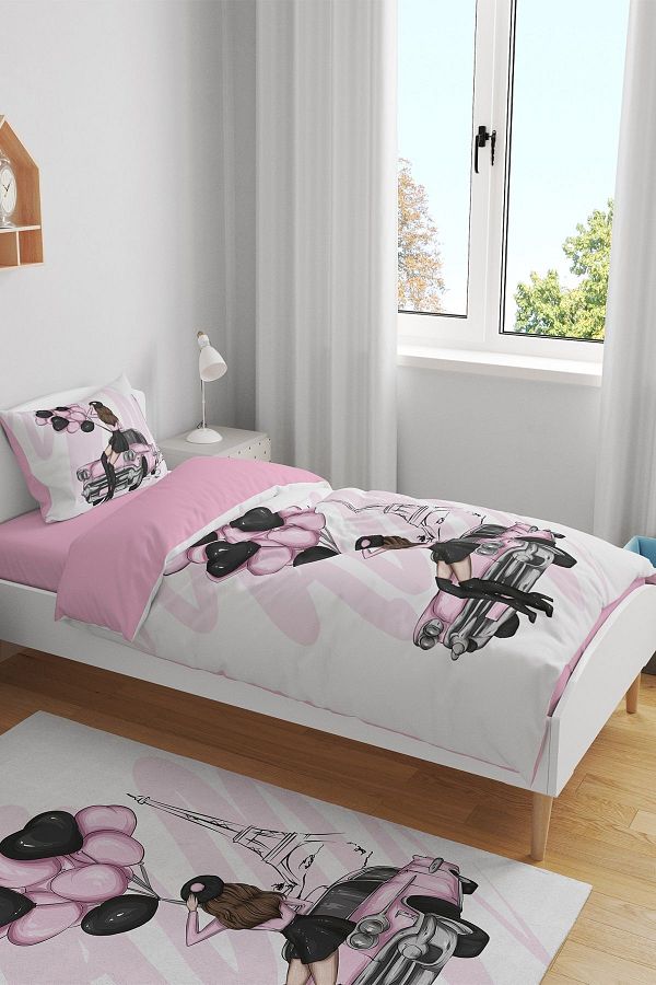 Evpanya Classic Car Girl in Paris Patterned Single Baby Kids Bedding Set Trendyol
