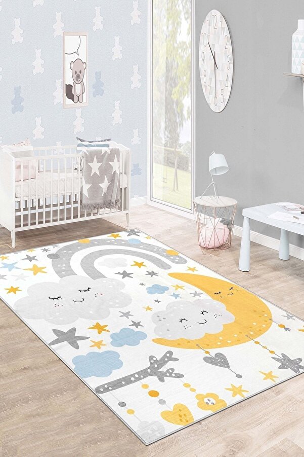 West Home Makinede Yıkanabilir Kaymaz Taban Leke Tutmaz Yıldz Temalı Bebek Ve Çocuk Halısı