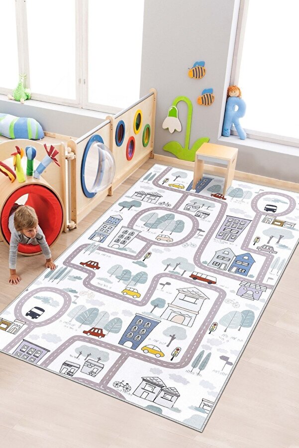 West Home Makinede Yıkanabilir Kaymaz Taban Leke Tutmaz Yol Desenli Halı Bebek Ve Çocuk Halısı Oyun Matı