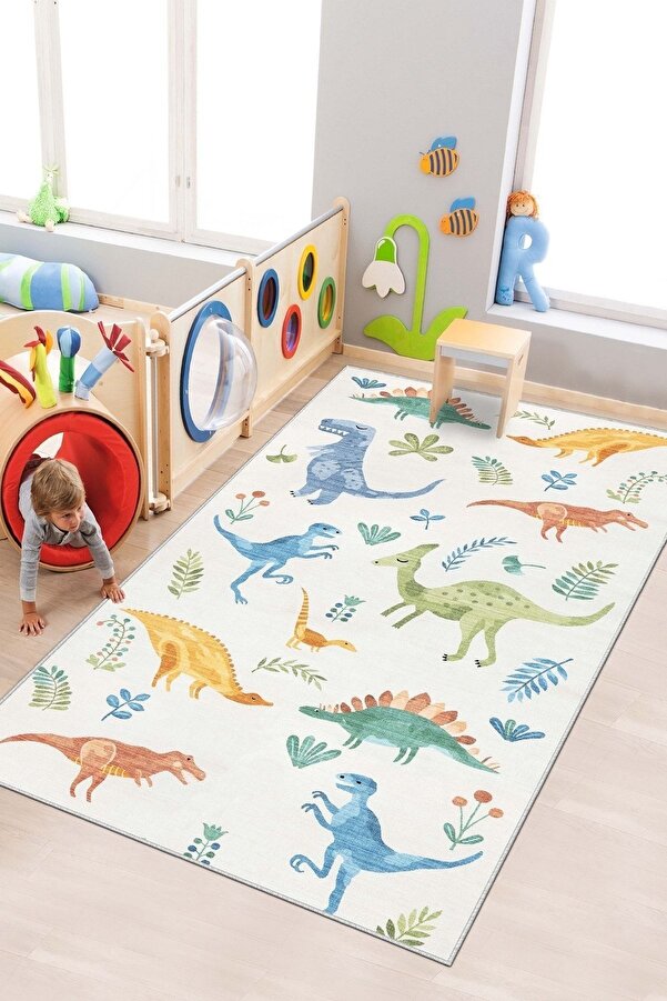 West Home Makinede Yıkanabilir Kaymaz Taban Leke Tutmaz Dinazor Temalı Bebek Ve Çocuk Halısı Oyun Matı