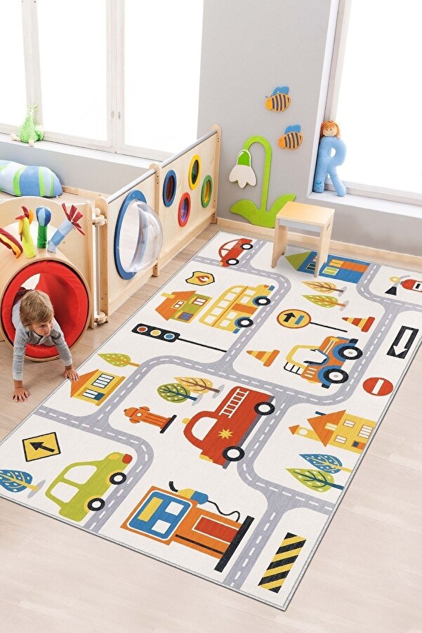 West Home Makinede Yıkanabilir Kaymaz Taban Leke Tutmaz Yol Desenli Halı Bebek Ve Çocuk Halısı Oyun Matı
