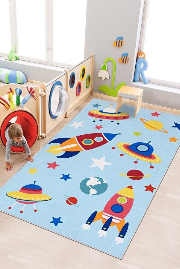 West Home Makinede Yıkanabilir Kaymaz Taban Leke Tutmaz Uzay Temalı Bebek Ve Çocuk Halısı Oyun Matı