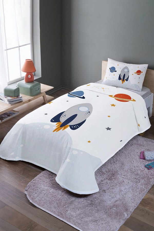 EVPANYA-Rocket and Space Patterned Single Pique Set and Bedspread 1
